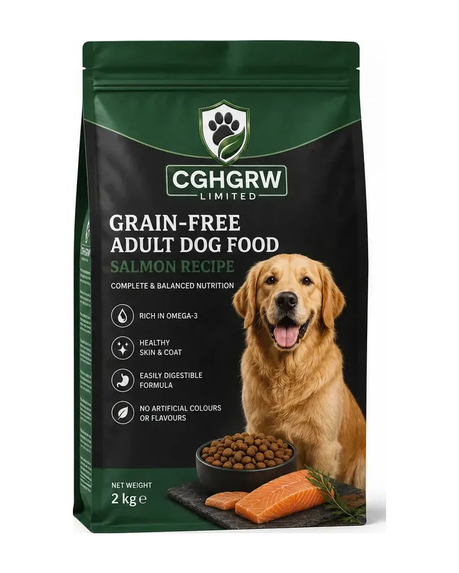 CGHGRW Grain-Free Adult Dog Food, salmon recipe, 2kg pack, front and back of packaging